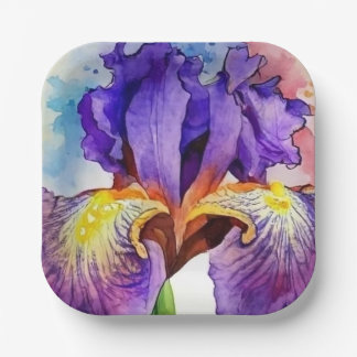 Assiettes En Carton Iris violet en aquarelle