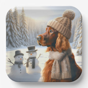 Assiettes En Carton Irish Setter de Noël avec bonhommes de neige