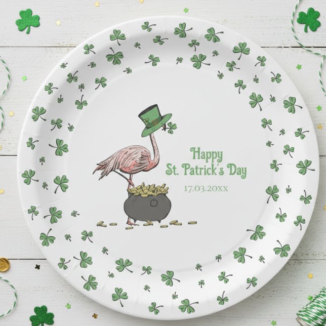 Assiettes En Carton Irish Shamrock Flamingo St. Patrick’s Day Party (Cute Saint Patrick's Day Party Paper Plates. Lucky Green Clover Border with Funny Irish Flamingo)