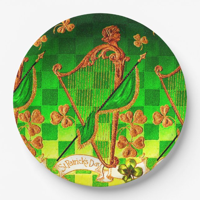Assiettes En Carton IRLANDE HARP, OR VERT SHAMROCK St Patrick's Day (Devant)