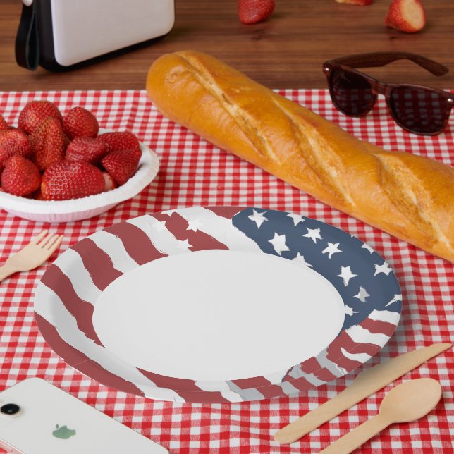 Assiettes En Carton istressed US Flag with White Center  (Pique-nique)