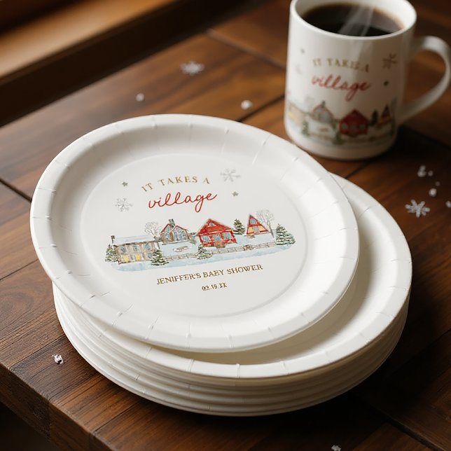 Assiettes En Carton It Takes a Village Snowy Winter Baby Shower (Créateur téléchargé)