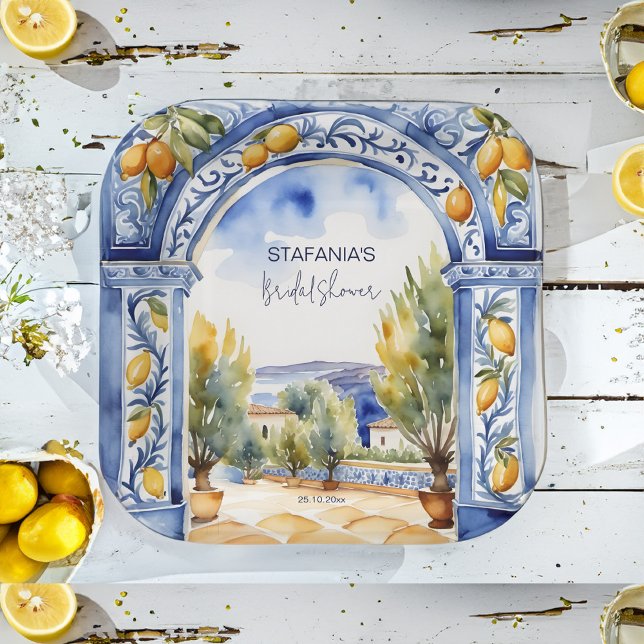 Assiettes En Carton Italien Bleu carreaux arc citrons nuptiale douche (Italian Blue tiles arch lemons bridal shower tableware personalized Paper Plates watercolor majolica)