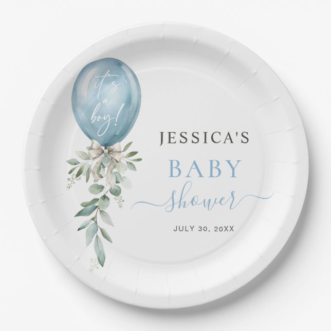 Assiettes En Carton It's A Boy Blue Balloon Bow Greenery Baby Shower (Devant)