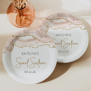 Assiettes En Carton Ivory Gold Agate Sweet 16 Anniversaire