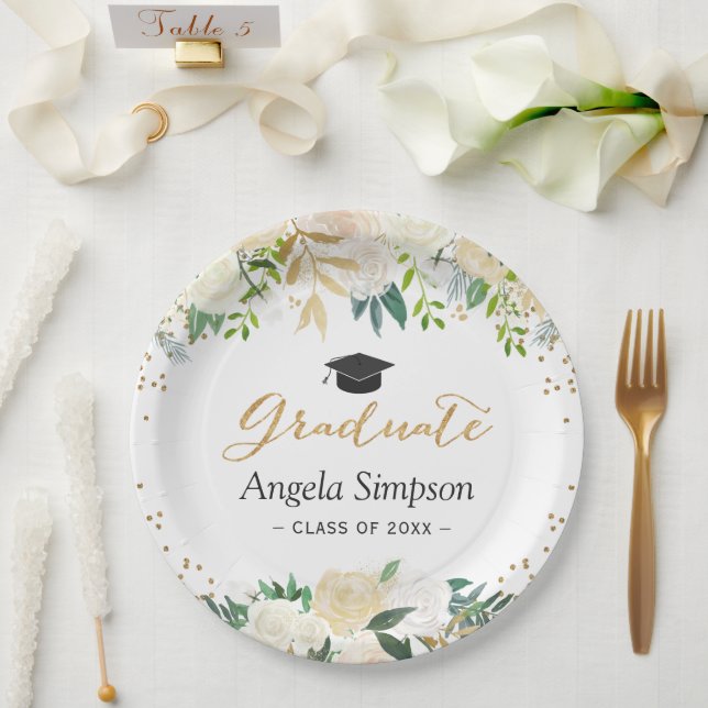 Assiettes En Carton Ivory Green Gold Floral Graduate (Mariage)