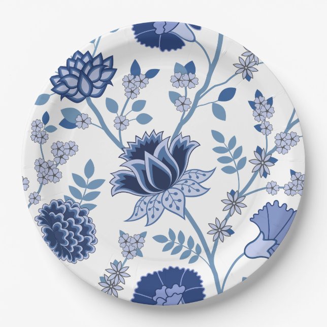 Assiettes En Carton Jacobean Floral Lg Motif Blues sur blanc (Devant)