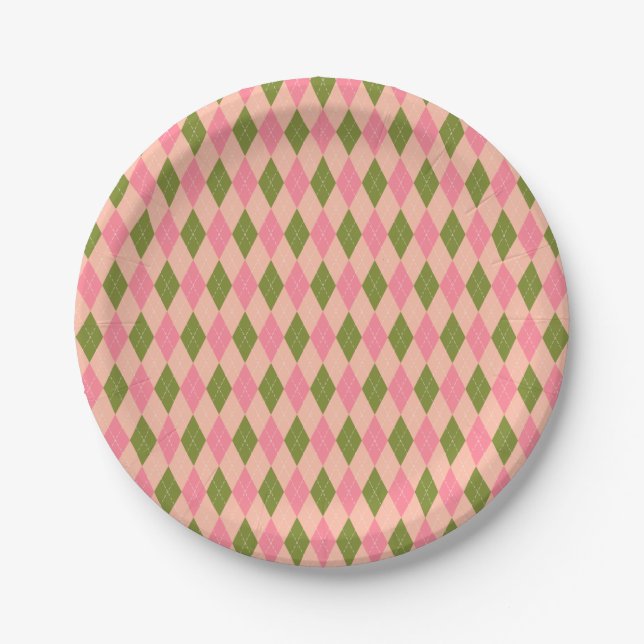 Assiettes En Carton Jacquard Preppy classique en rose et vert (Devant)