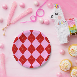 Assiettes En Carton Jacquard preppy Tartan Diamond Plaid Rouge rose