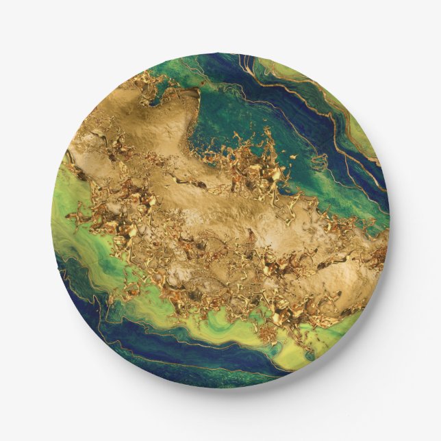 Assiettes En Carton Jade Green et Bronze Gold Abstrait (Devant)