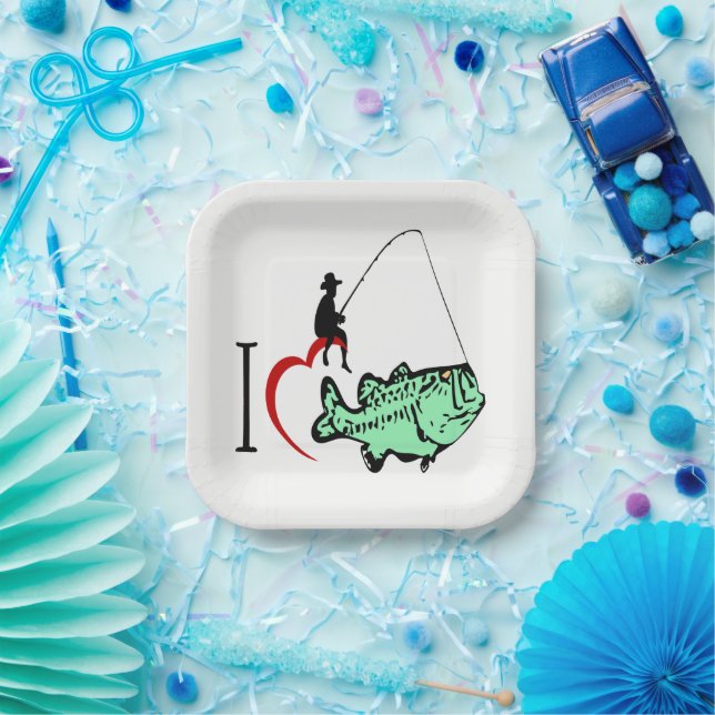 Assiettes En Carton J'adore aller pêcher avec un coeur rouge (Fête)