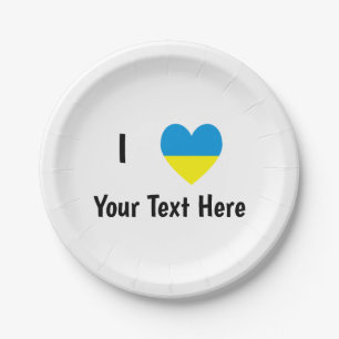 Assiettes En Carton J'aime (Drapeau ukrainien en forme de cœur) Texte 