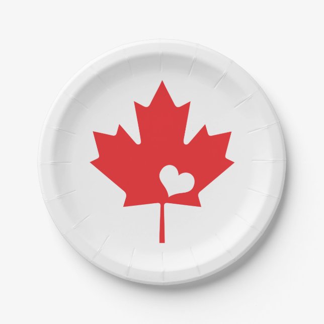 Assiettes En Carton J'aime le Canada - coeur canadien de feuille (Devant)