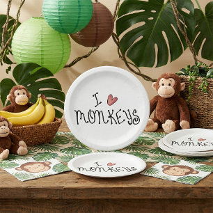 Assiettes En Carton J'aime les singes, typographie manuscrite mignonne