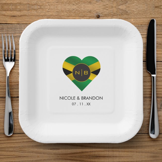 Assiettes En Carton Jamaïcain Jamaïcain Drapeau Mariage de monographie (Jamaica Jamaican Flag Heart Monogram Wedding Paper Plates)