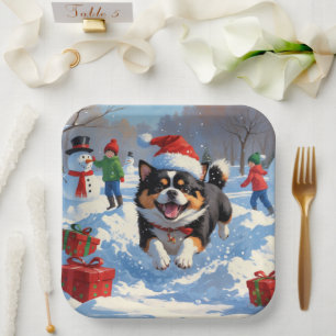 Assiettes En Carton Japanese Chin courant dans la neige avec un chapea