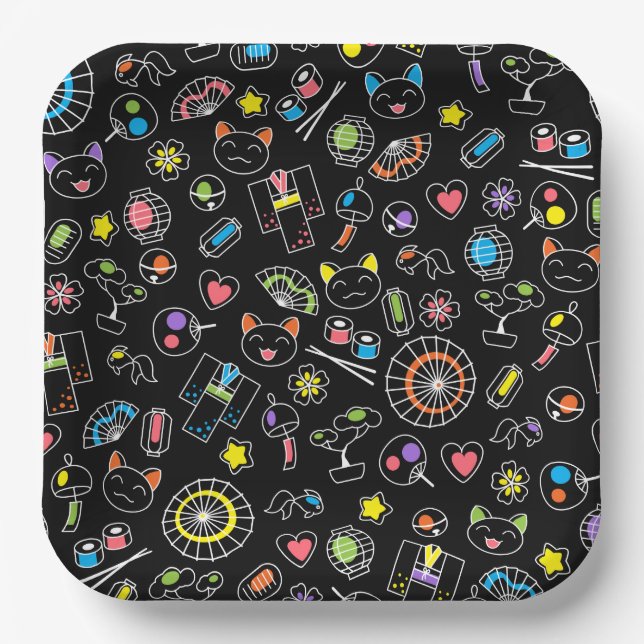 Assiettes En Carton Japonais Kawaii Doodles de culture sur le noir (Recto)