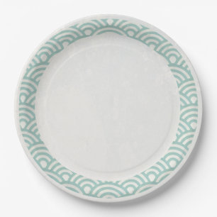 Assiettes En Carton Japonais Seigaiha Waves Elegant Jade Vert + Blanc