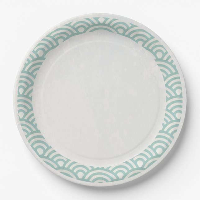 Assiettes En Carton Japonais Seigaiha Waves Elegant Jade Vert + Blanc (Devant)