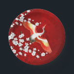 Assiettes En Carton Japonaise Grue Blanc Cerisier Fleur Rouge<br><div class="desc">Grue élégante et cerisiers blancs fleurissent sur un arrière - plan rouge chatoyant. Beau design japonais.</div>