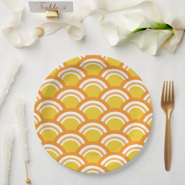 Assiettes En Carton Japonaise Vague Seigaiha Jaune Orange Motif (Mariage)