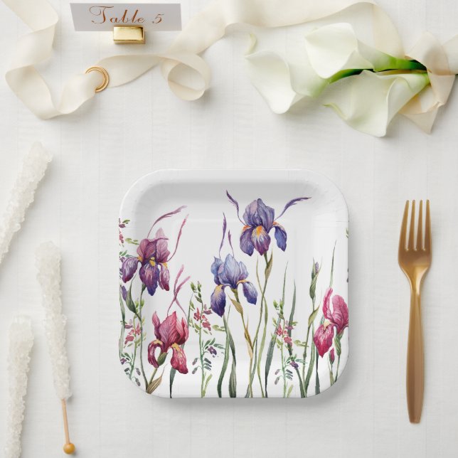 Assiettes En Carton Jardin Aquarellé bleu violet rose Iris (Mariage)