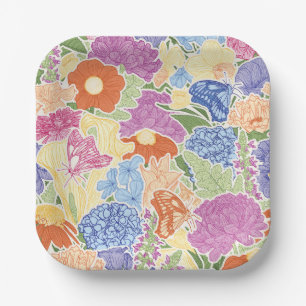 Assiettes En Carton Jardin aux fleurs colorées et papillons