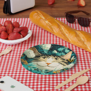 Assiettes En Carton Jardin de fleurs de chat endormi aquarelle abeille