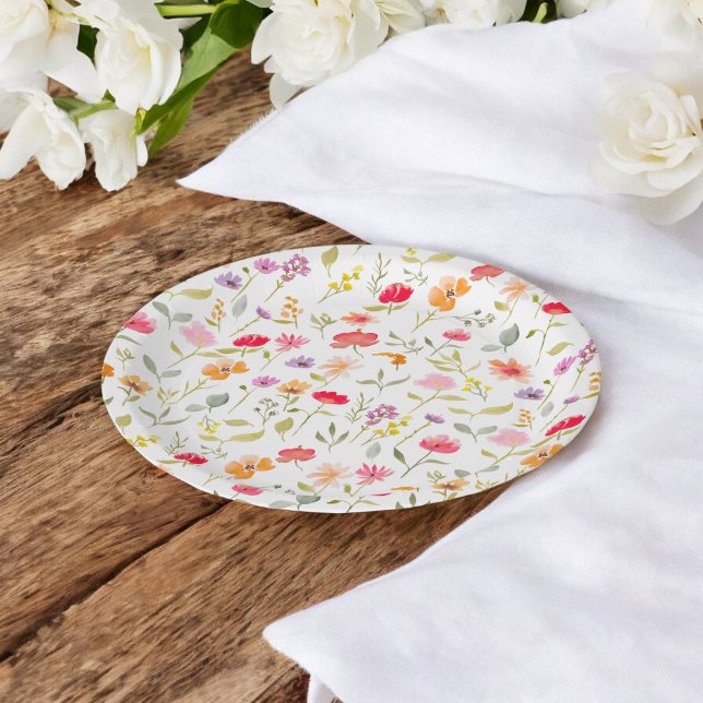 Assiettes En Carton Jardin de fleurs sauvages boho fête de mariage flo (Boho wildflowers garden floral bridal shower party paper plates)