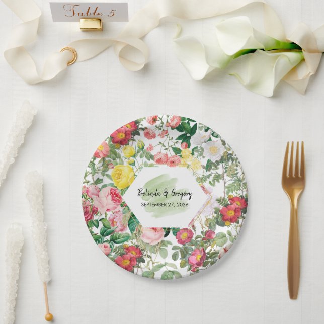 Assiettes En Carton Jardin floral, aquarelle et Mariage géométrique (Mariage)