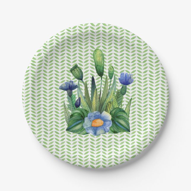Assiettes En Carton Jardin Floral Bleu Et Vert (Devant)