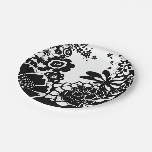 Assiettes En Carton Jardin floral noir et blanc Motif graphique (Angle)