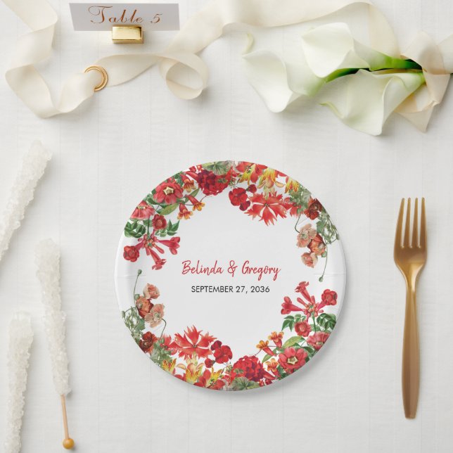 Assiettes En Carton Jardin Floral Rouge Mariage de fleurs botaniques (Mariage)