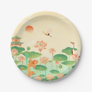 Assiettes En Carton Jardin Japonais Étang de Carpes Koï et Nymphéas Ar