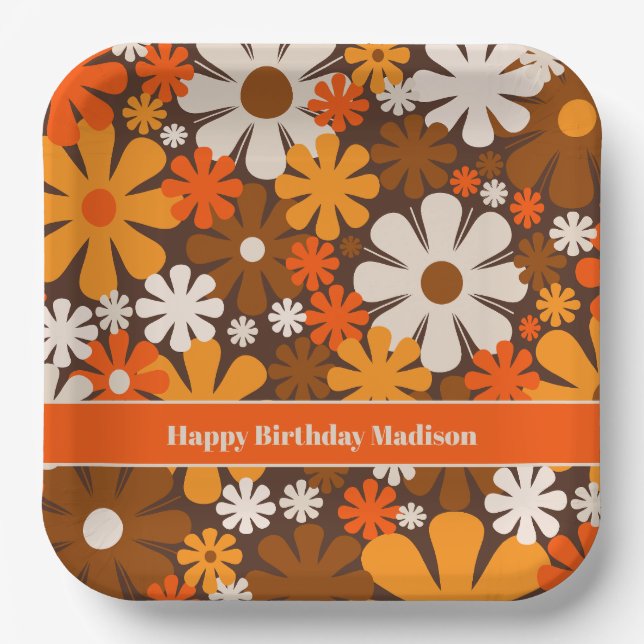 Assiettes En Carton Jardin Rétro Années 70 60 Motif Floral Marron et O (Recto)