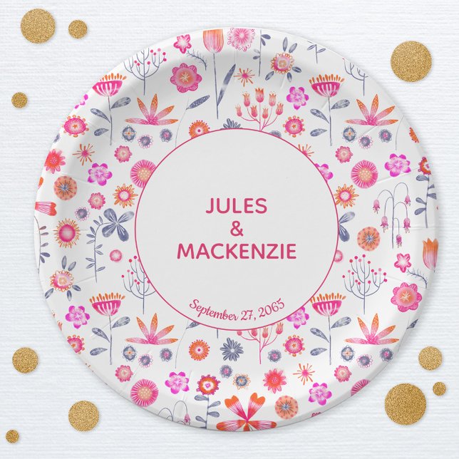 Assiettes En Carton Jardin rose moderne Boho (Modern floral pink wedding party paper plates)