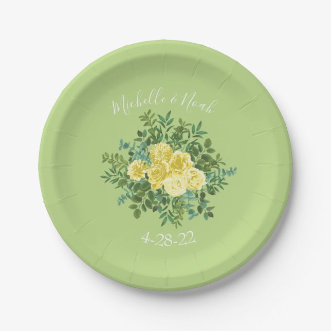 Assiettes En Carton Jaune clair et vert pâle Rose Mariage floral (Devant)