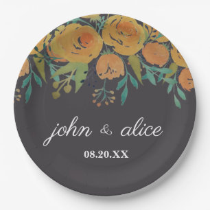 Assiettes En Carton Jaune et Brown pivoines et Mariage Rose