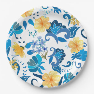Assiettes En Carton Jaune Floral bleu italien nuptiale