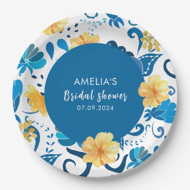 Assiettes En Carton Jaune Floral bleu italien nuptiale (Devant)