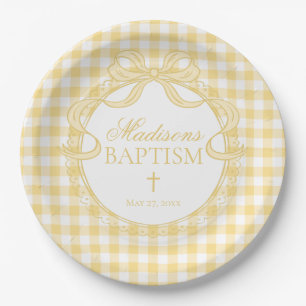 Assiettes En Carton Jaune Gingham Coquette Noeud Baptême