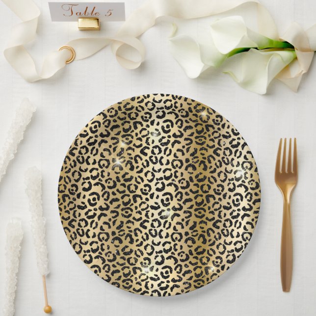 Assiettes En Carton Jaune Glam Parties scintillant noire Leopard (Mariage)