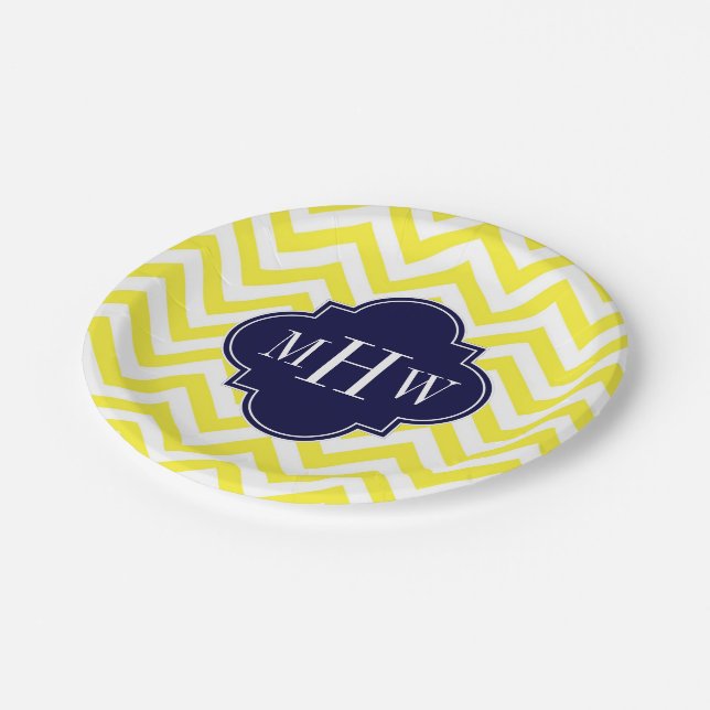 Assiettes En Carton Jaune Lg Chevron Navy Quatrefoil 3 Monogramme (Angle)