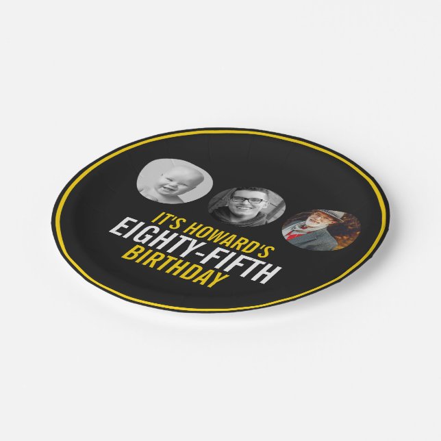 Assiettes En Carton Jaune noir blanc trois photos 85e anniversaire (Angle)