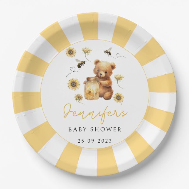 Assiettes En Carton Jaune ours mignon miel abeille bébé garçon douche (Devant)