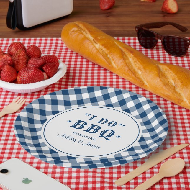 Assiettes En Carton Je fais BBQ Marine En vichy mariage personnalisé M (Pique-nique)