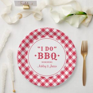 Assiettes En Carton Je fais du BBQ Gingham Rouge Monogramme Mariage Pe