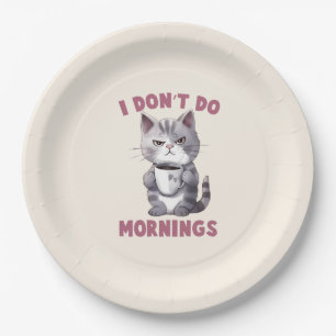 Assiettes En Carton Je ne fais pas le matin - Chat gris avec café