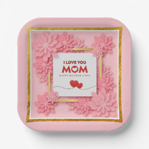 Assiettes En Carton Je t'aime maman Fête des mères floral et or