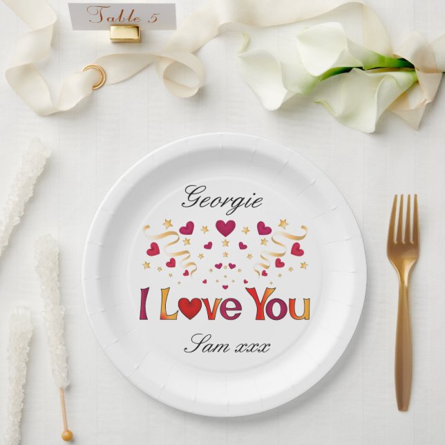 Assiettes En Carton JE VOUS AIME Red Heart Gold Ribbon Valentine Maria (Mariage)